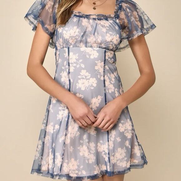 Lulus Size Large Babydoll Milkmaid Mini Dress Sheer Floral Blue Pink Romantic - Picture 4 of 10